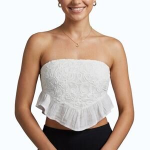American Eagle Strapless Embroidered Ruffle Handkerchief Top White Small NWT